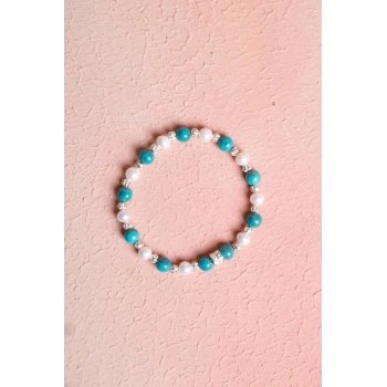 Sertifikalı Turkuaz-İnci Gümüş Aparat Doğal Taş Bileklik 6mm 039