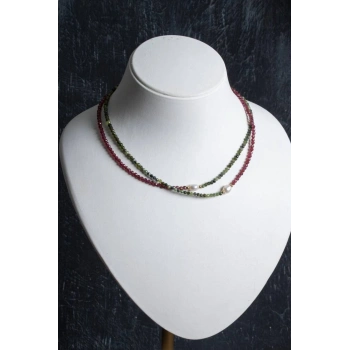 Sertifikalı Yeşim, Lal, İnci Fasetli Doğal Taş Kolye