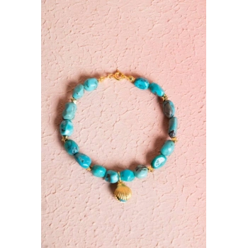 Sertifikalı Yıldız ve Deniz Kabuk Gümüş Aparatlı Firuze(Turkuaz)Doğal Taş Bileklik (SK:031)