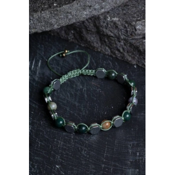Sertifikalı Yosunlu Akik, Hematit Doğal Taş Makrome Bileklik