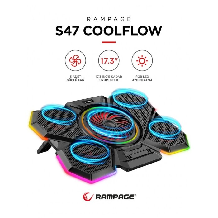 Rampage S47 Coolflow 5 Adet Kırmızı LED Fan 1 USB 7 Farklı Kademe Ayarı 10 17.3 Notebook Soğutucu Stand