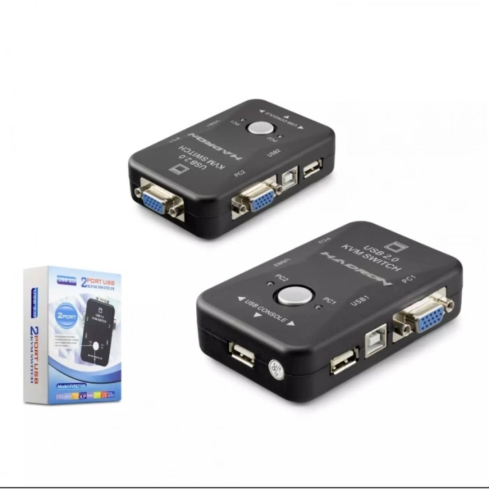 HADRON HDX1360 VGA USB KVM Switch 2 In 1 Out + 2 Port USB Console + 2 Port USB PC (Klavye/Mouse + Yazıcı) - Siyah