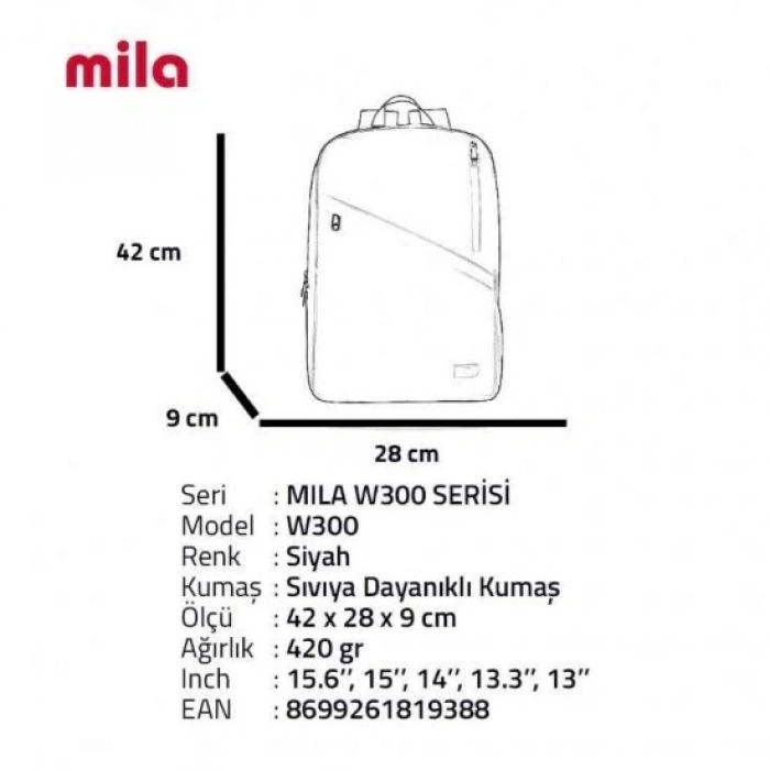 Classone 15,60-17,3 inch Uyumlu W300- Mila serisi Macbook, Laptop , Notebook Sırt Çantası – Siyah