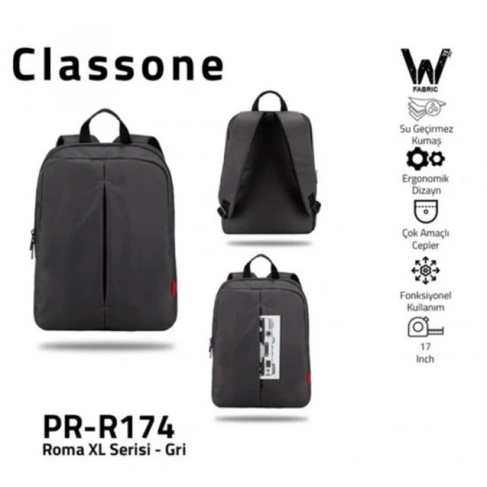 Classone PR-R174 Roma Serisi Su Geçirmez Kumaş 17 Laptop ,notebook Sırt Çantası-Gri