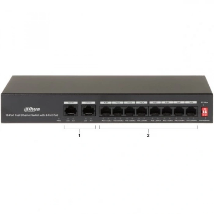 DAHUA PFS3010-8ET-65 8 Port MegaBit 8 Port PoE 65W +2 Port MegaBit Uplink Yönetilemez Masaüstü Switch