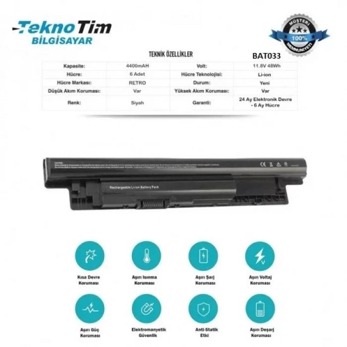 Dell Inspiron 15(3521) Batarya, Pil 11.1V 4400mAh