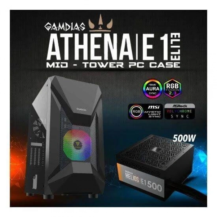 GAMDIAS ATHENA E1 Elite, 500W, Tempered Glass, Mesh, ARGB, ATX GAMING KASA