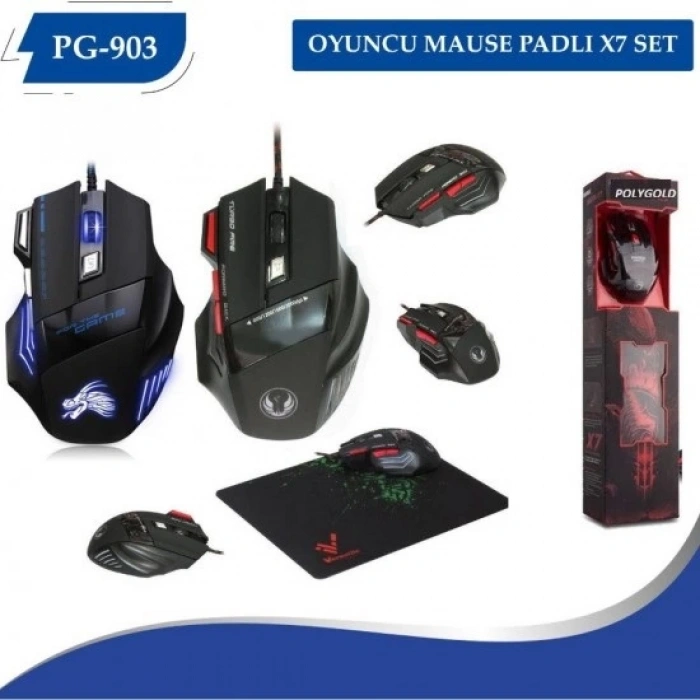 Polygold PG-903 Profesyonel Oyuncu Mouse + Mousepad Siyah Kırmızı/Mavi