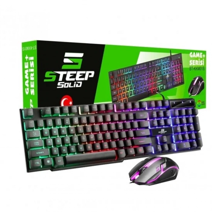 Steep Solid ST-KKM01S Mekanik Hisli Kablolu Rainbow Işıklı Oyuncu Klavye - Mouse Set