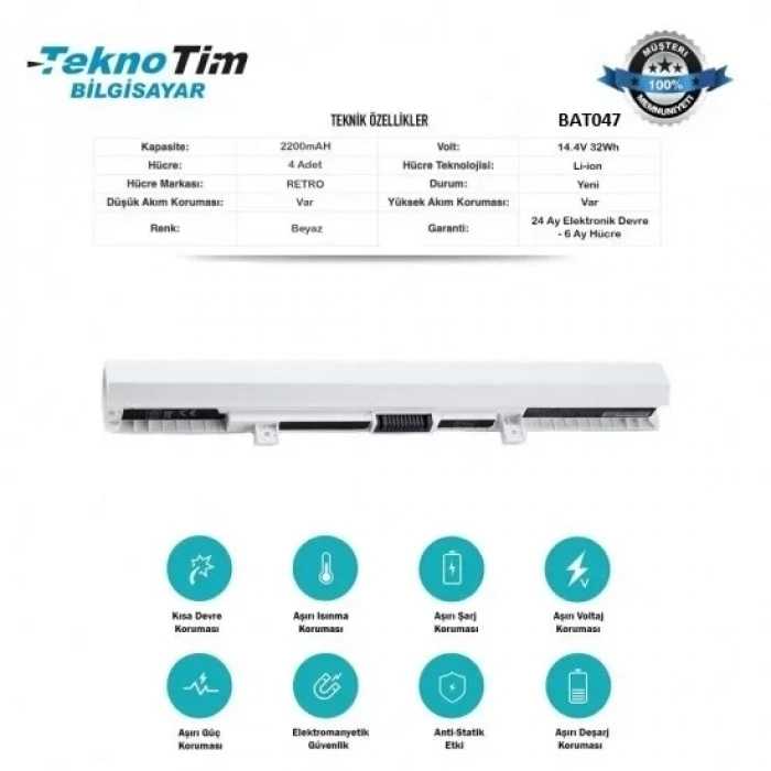 Toshiba Satellite C55-C-1ta, C55-C-1le, C55-C-19l Batarya Pil Beyaz