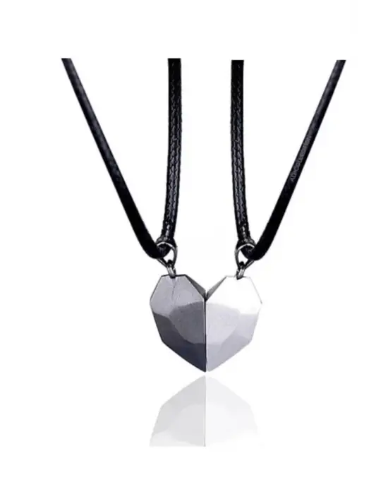 2li Gri Siyah Iki Adet Mıknatıslı Çift Kalp Sevgili Metal Kolye Takı