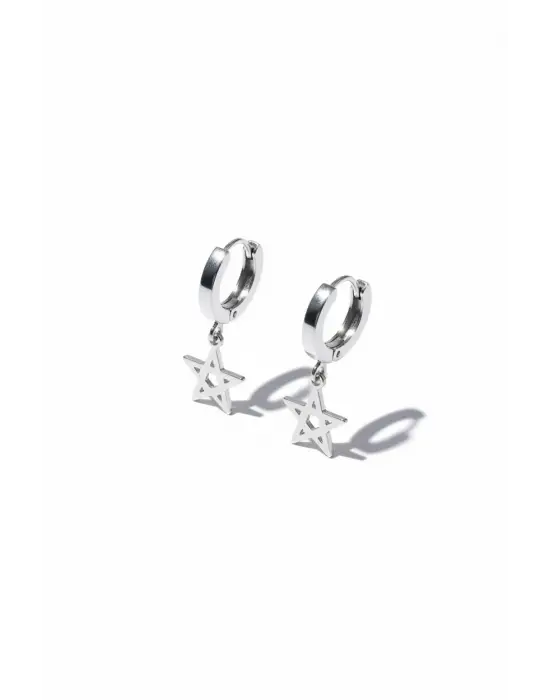 Vintage Gümüş Renk Pentegram Figürlü Sallantılı Halka Küpe