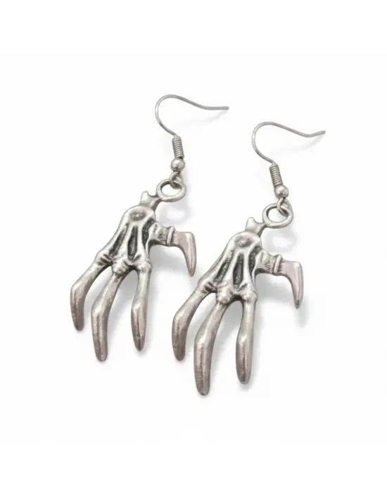 Antik Gümüş Kaplama Vintage Gotik Tarz Antik Gümüş Renk İskelet El Figürlü Sallantılı Küpe