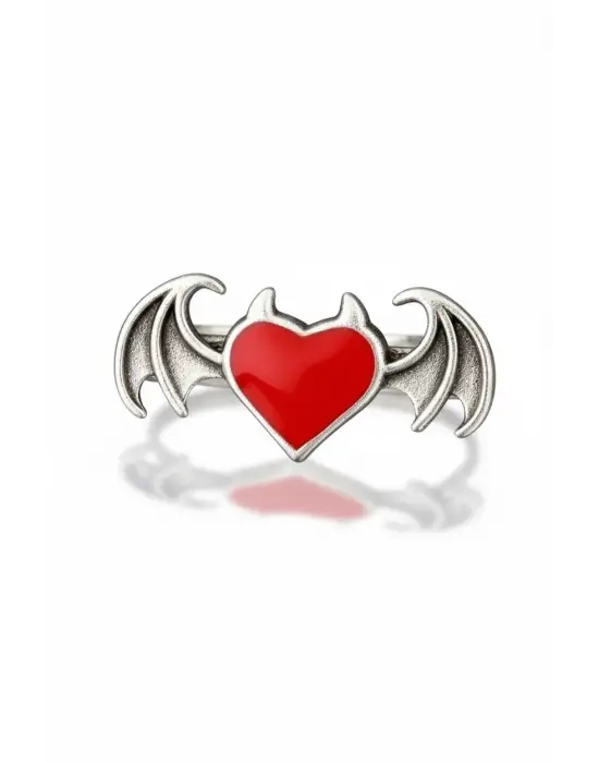 Antik Gümüş Kaplama Anime Gothic Heart Decor Çift Kanat Unisex Ayarlanabilir Yüzük