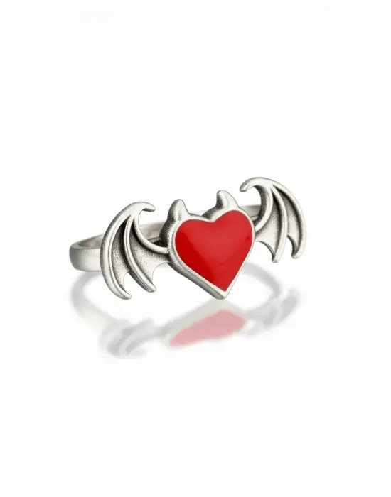 Antik Gümüş Kaplama Anime Gothic Heart Decor Çift Kanat Unisex Ayarlanabilir Yüzük