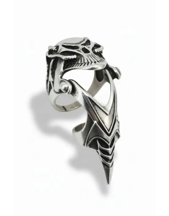 Gümüş Renk Hareketli Kurukafa Zırh Yüzük - Gotik Punk Tam Parmak Eklem Yüzüğü