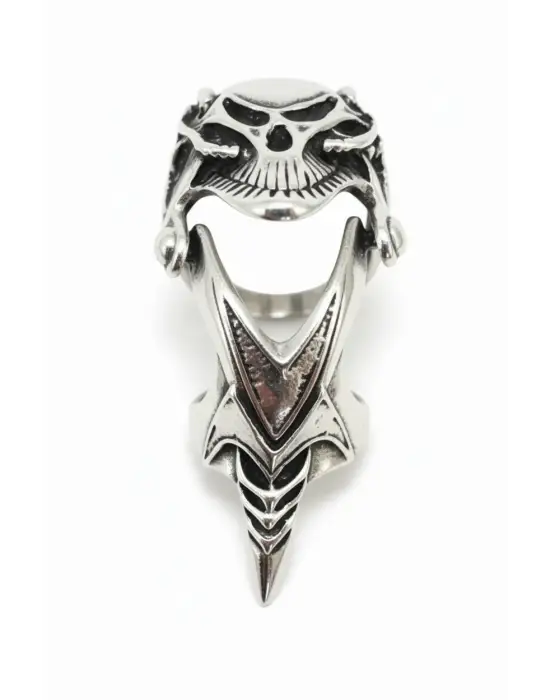 Gümüş Renk Hareketli Kurukafa Zırh Yüzük - Gotik Punk Tam Parmak Eklem Yüzüğü