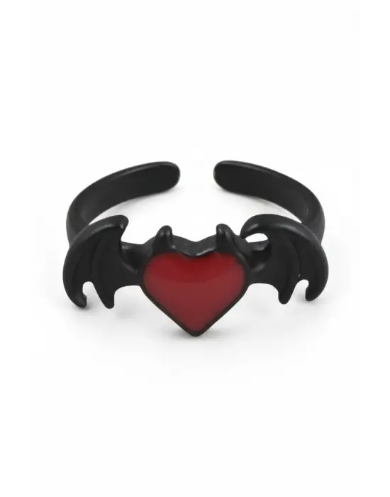 Gothic Punk Tarzı Yarasa Kanatlı Kalp Kırmızı Yüzük - Grunge ve Y2K Sokak Modası Takı