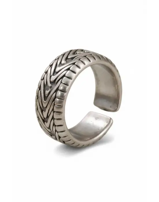 Gümüş Renk Eskitme Örgü Desenli Yüzük - Ayarlanabilir Antik Vintage Unisex Model