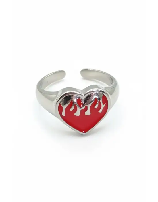 Y2K Tarzı Alevli Kırmızı Kalp Yüzük - Eriyen Kalp Tasarımlı Gümüş Renk Takı