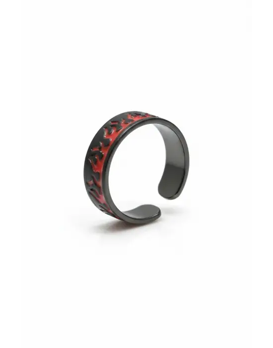 Anime Tarzı Siyah Kırmızı Alev Desenli Yüzük - Ayarlanabilir Gotik Unisex Aksesuar