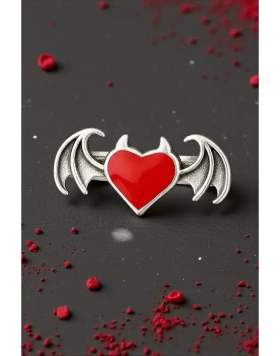 Antik Gümüş Kaplama Anime Gothic Heart Decor Çift Kanat Unisex Ayarlanabilir Yüzük