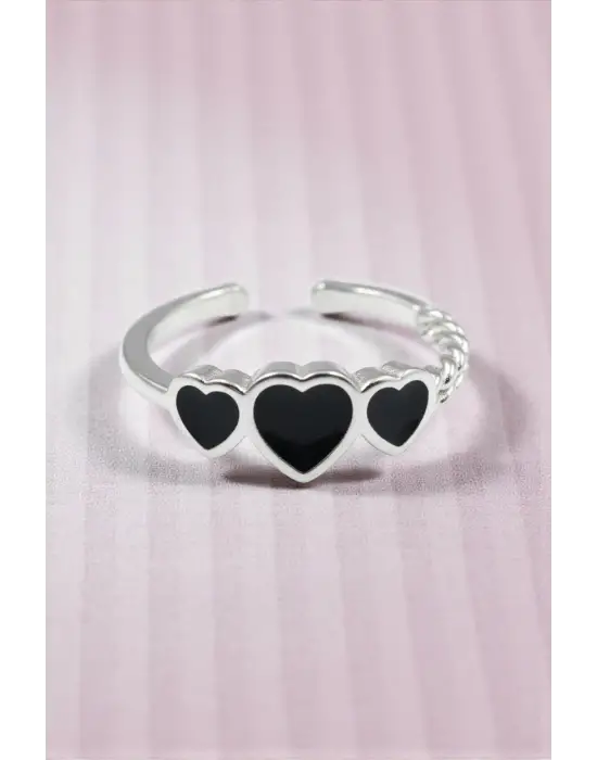 3lü Siyah Kalp Figürlü Yüzük - Gümüş Renk Ayarlanabilir Minimal Kadın Takı