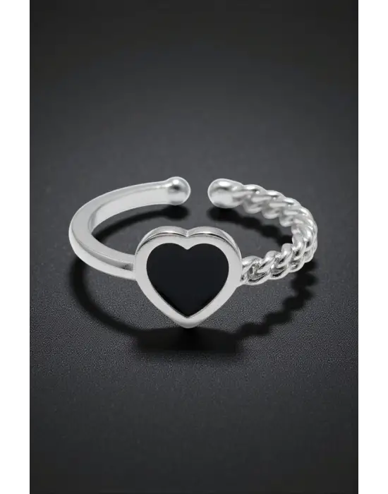 Siyah Kalp Figürlü Tektaş Yüzük - Gümüş Renk Ayarlanabilir Minimal Kadın Takı