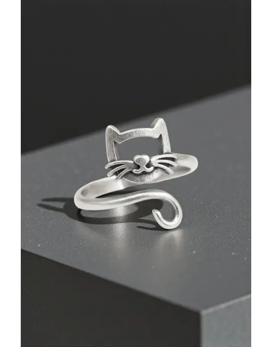 Antik Gümüş Kaplama Ayarlanabilir Kedi Fairy Karakter Cat Unisex Yüzük