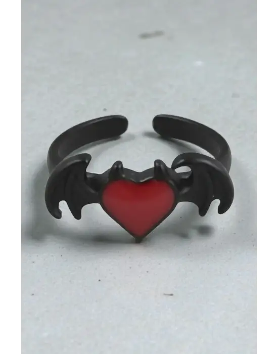 Gothic Punk Tarzı Yarasa Kanatlı Kalp Kırmızı Yüzük - Grunge ve Y2K Sokak Modası Takı