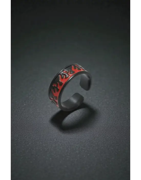 Anime Tarzı Siyah Kırmızı Alev Desenli Yüzük - Ayarlanabilir Gotik Unisex Aksesuar