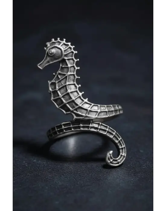 Antik Gümüş Kaplama Deniz Atı Tasarımlı Ayarlamalı Kadın Yüzük