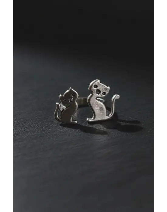 Antik Retro Gümüş Kaplama Cat Ayarlanabilir Zarif Model Kedi Unisex Yüzük