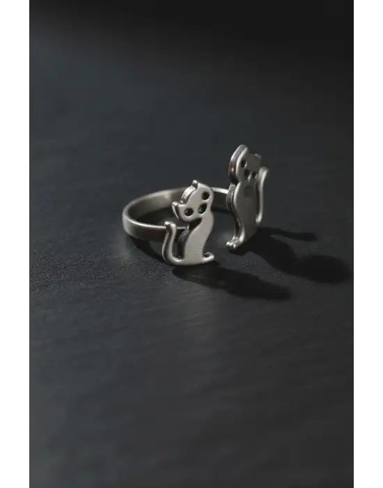 Antik Retro Gümüş Kaplama Cat Ayarlanabilir Zarif Model Kedi Unisex Yüzük