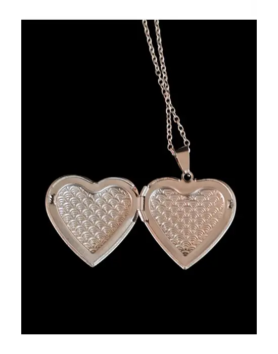 Antik Gümüş Kaplama Açılır Kapaklı Resim Koyulabilir Kalp Zincirli Kolye