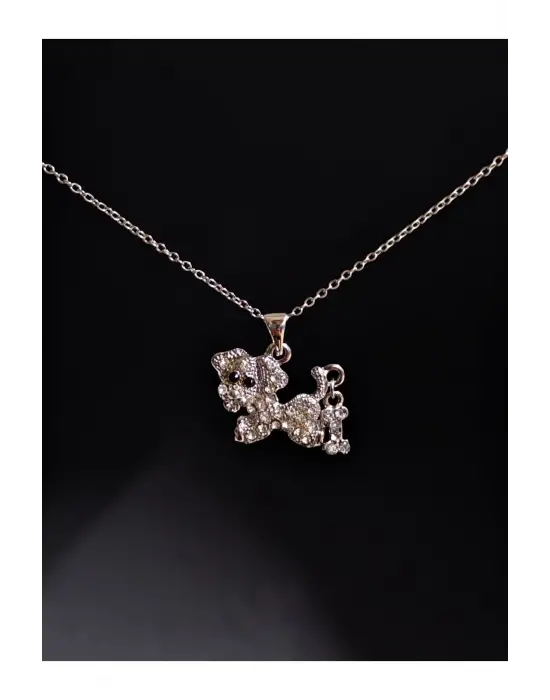 Antik Gümüş Kaplama Animal Taşlı Dog-Köpek Dostluk Sembolü Unisex Zincirli Kolye