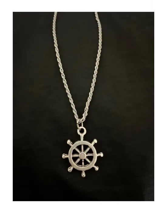 Antik Gümüş Kaplama Çelik Unisex Gri Ihtişamlı Gemi Dümeni Zincirli Kolye