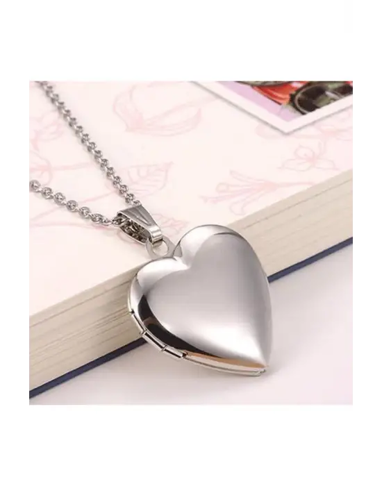 Antik Gümüş Kaplama El Yapımı Fotoğraflı Içi Açılır, Kalp Biçimli, Kapaklı Zincirli Kolye