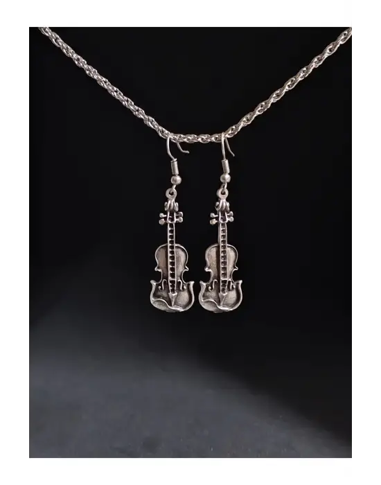 Antik Gümüş Kaplama El Yapımı Retro Müsic Gitar Küpe