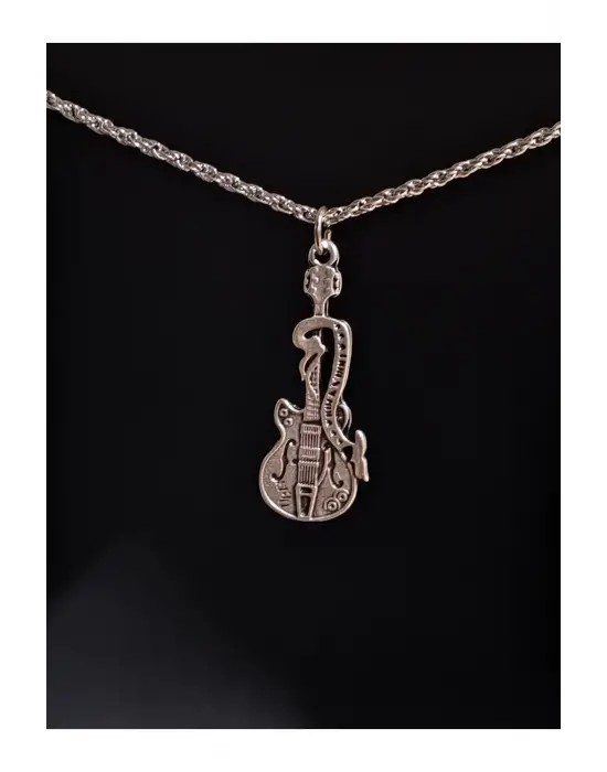 Antik Gümüş Kaplama Gitar Müzik Rock Unisex Sembol Tasarım Kolye