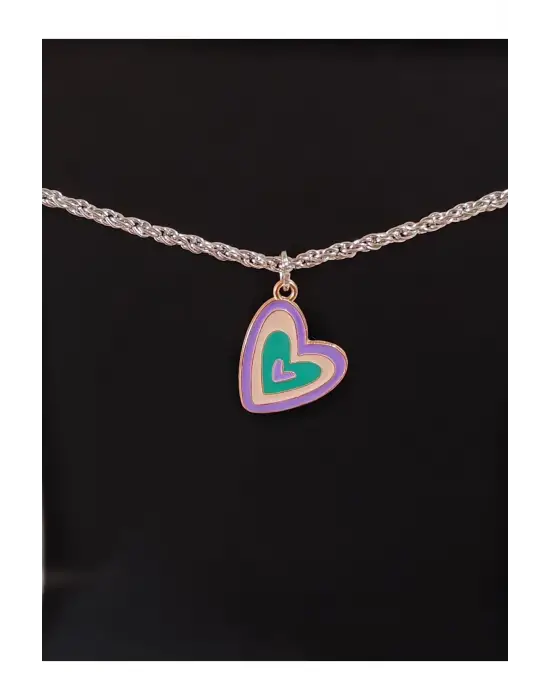 Antik Gümüş Kaplama Gökkuşağı Barbie Love Kalp Zincirli Kolye