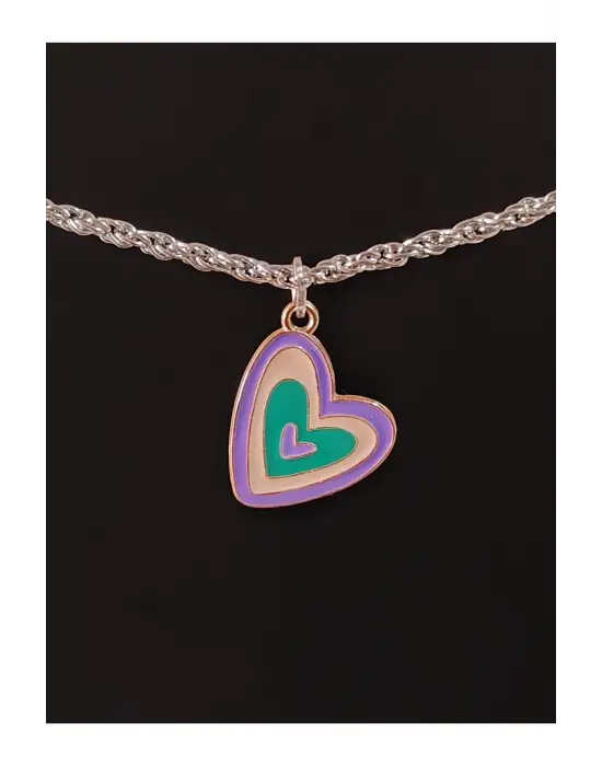 Antik Gümüş Kaplama Gökkuşağı Barbie Love Kalp Zincirli Kolye