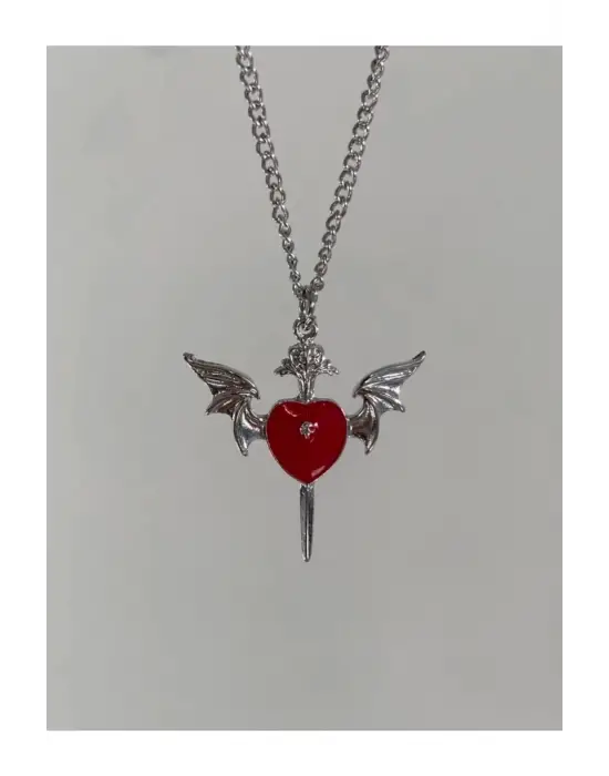 Antik Gümüş Kaplama Kanatlı Kuru Kafalı Kırmızı Kalp Kolye