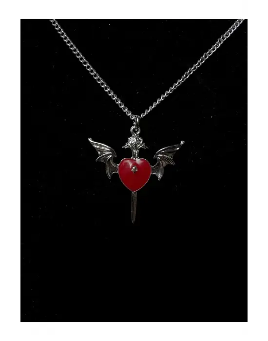 Antik Gümüş Kaplama Kanatlı Kuru Kafalı Kırmızı Kalp Kolye