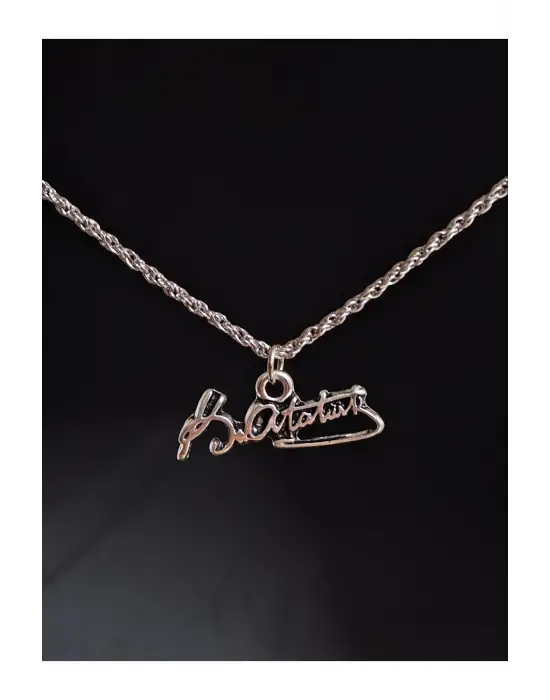 Antik Gümüş Kaplama Kemal Atatürk İmzalı İsim Unisex Zincirli Hediyelik Kolye