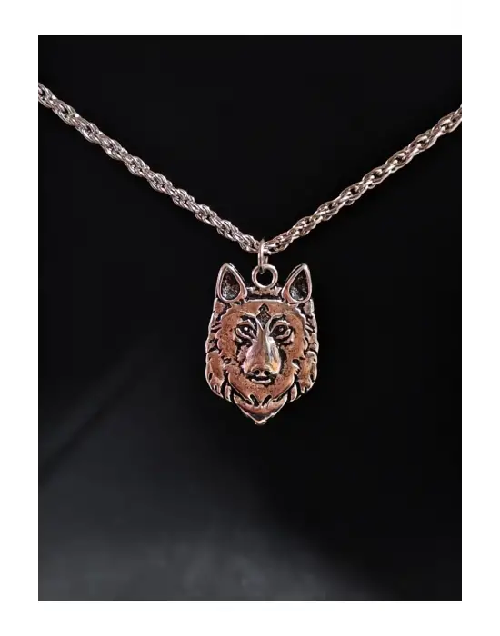 Antik Gümüş Kaplama Kurt Baş Wolf Sembol Unisex Zincirli Kolye
