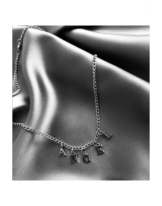 Antik Gümüş Kaplama Özel Harf Angel Yazılı Unisex Gotik Çelik Zincirli Kolye
