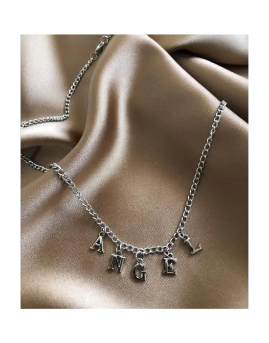 Antik Gümüş Kaplama Özel Harf Angel Yazılı Unisex Gotik Çelik Zincirli Kolye