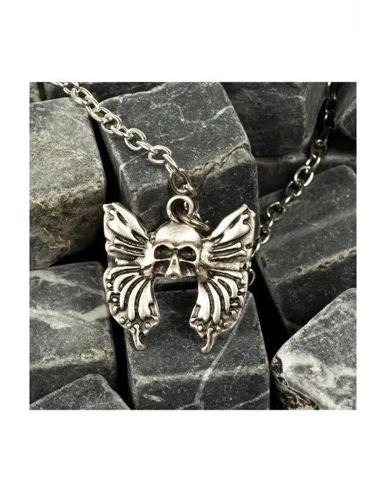 Antik Gümüş Kaplama Özel Hediyelik Küt Küt Skull and Butterfly Necklace Kolye