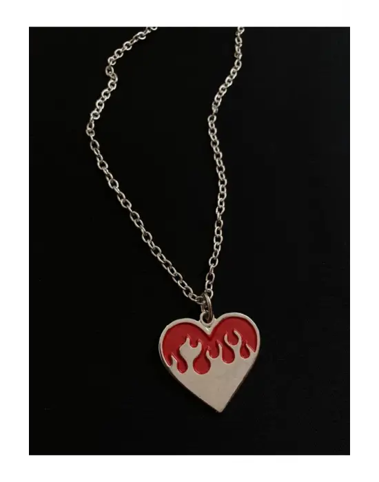 Antik Gümüş Kaplama Unisex Alevli Kalp Model Gümüş Kaplama Zincir Kolye